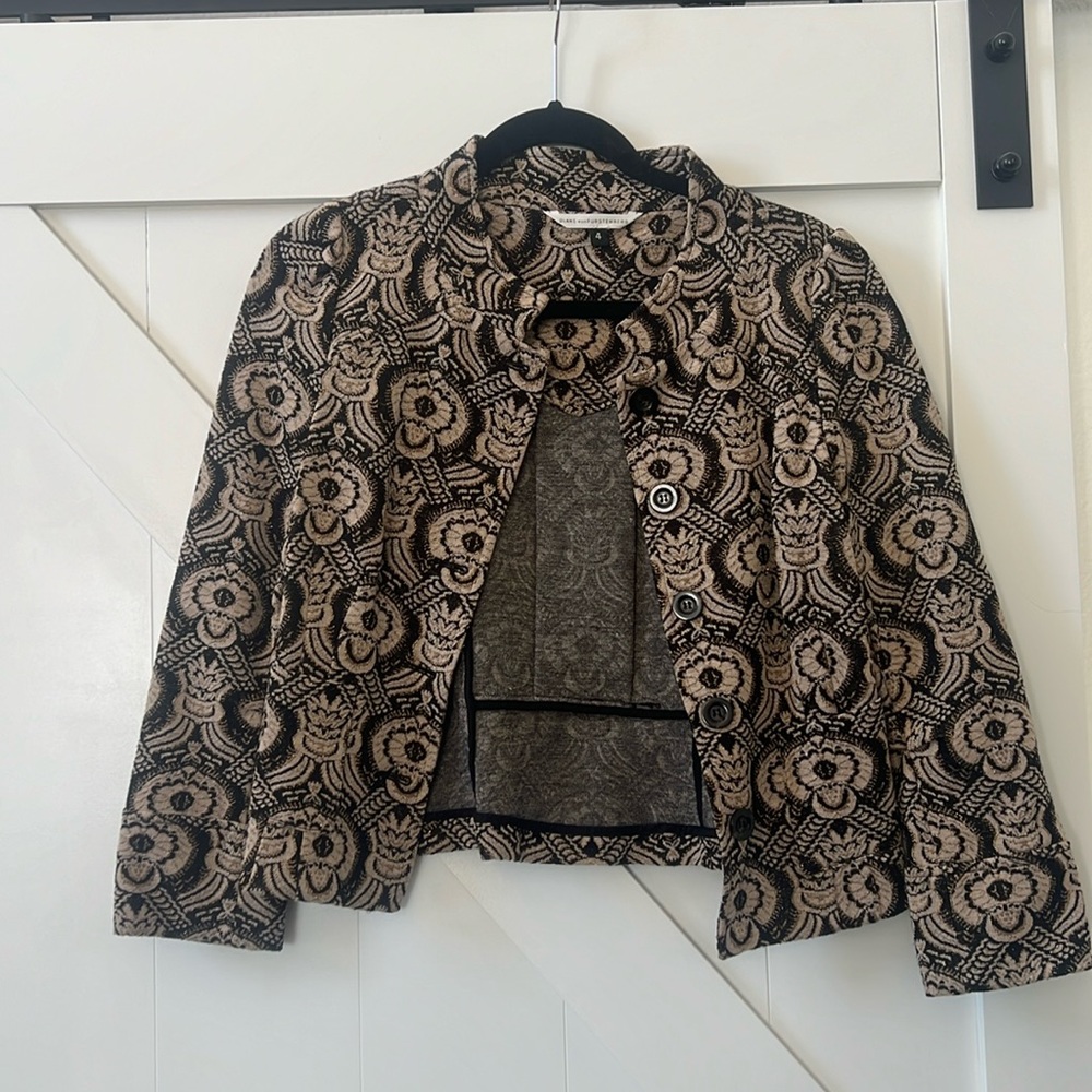 Diane von Furstenberg black wool blend Kelly floral metallic blazer size 4